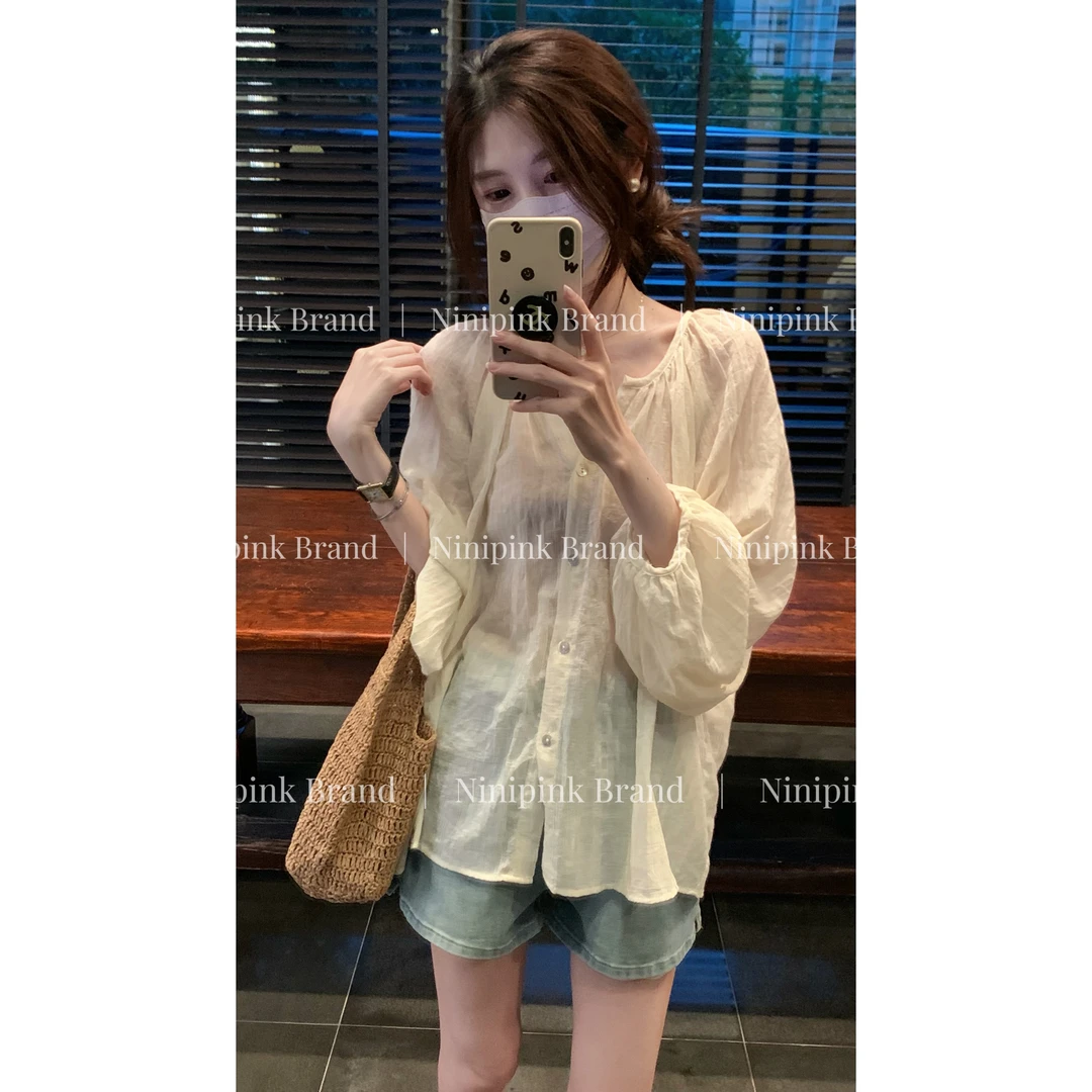 Ninipink庄不腻自制【素调欧尼】格子衬衣夏季宽松显瘦薄款上衣3897