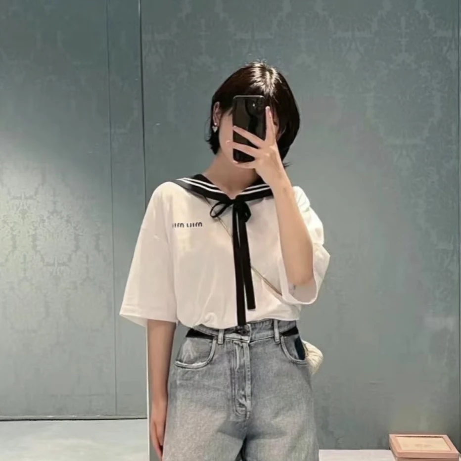 99新 MIU MIU/缪缪 白色海军系列胸前logo短袖 s码 ys000516