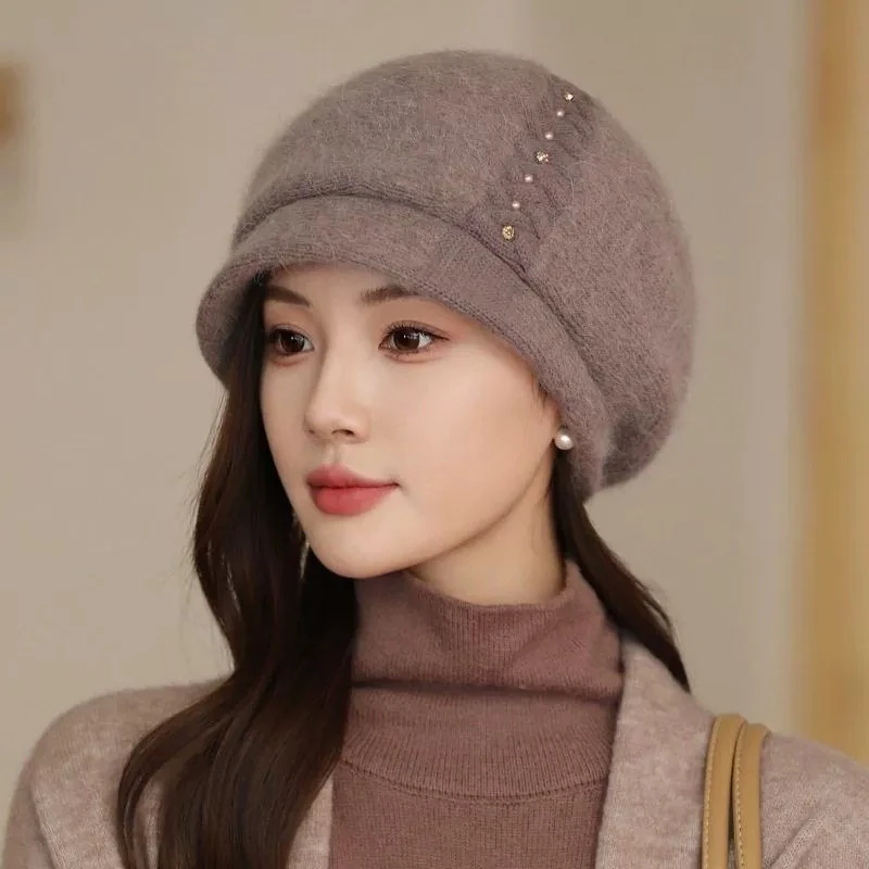 韩式优雅气质大头围毛线帽中老年妈妈帽加绒加厚保暖针织帽加绒