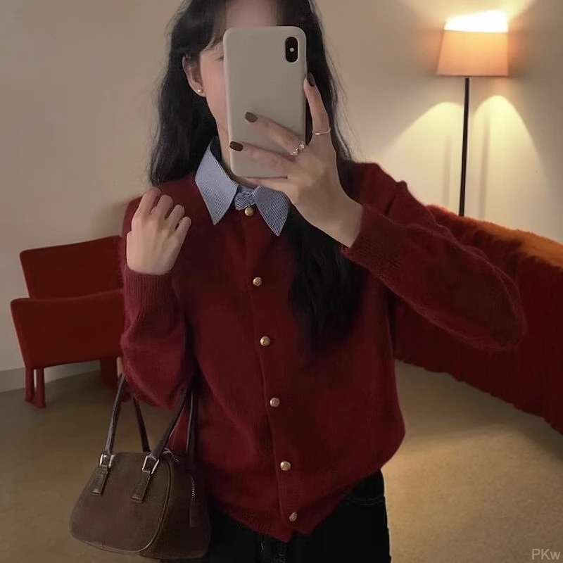 设计感衬衫领拼接针织开衫春季韩版温柔风显瘦针织衫气质减龄上衣