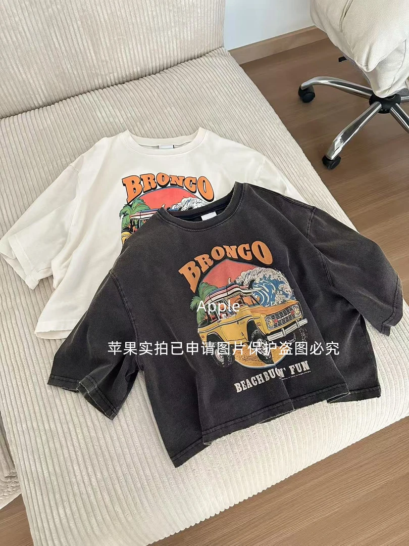 【苹果推荐】夏季新款韩版做旧100水洗棉怀旧复古印花T恤