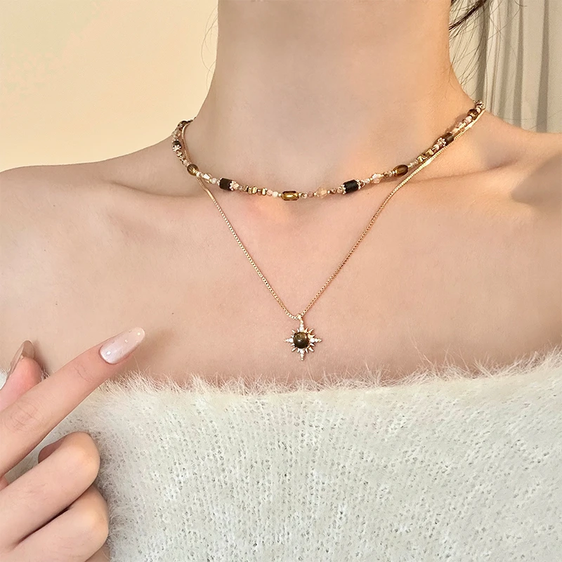 铜项链 复古虎眼石芒星叠戴毛衣链女秋冬美拉德高级轻奢配饰7348