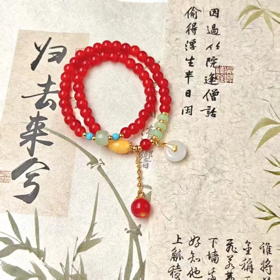 南红三色珠配饰款双圈手串10605（悬浮礼盒）