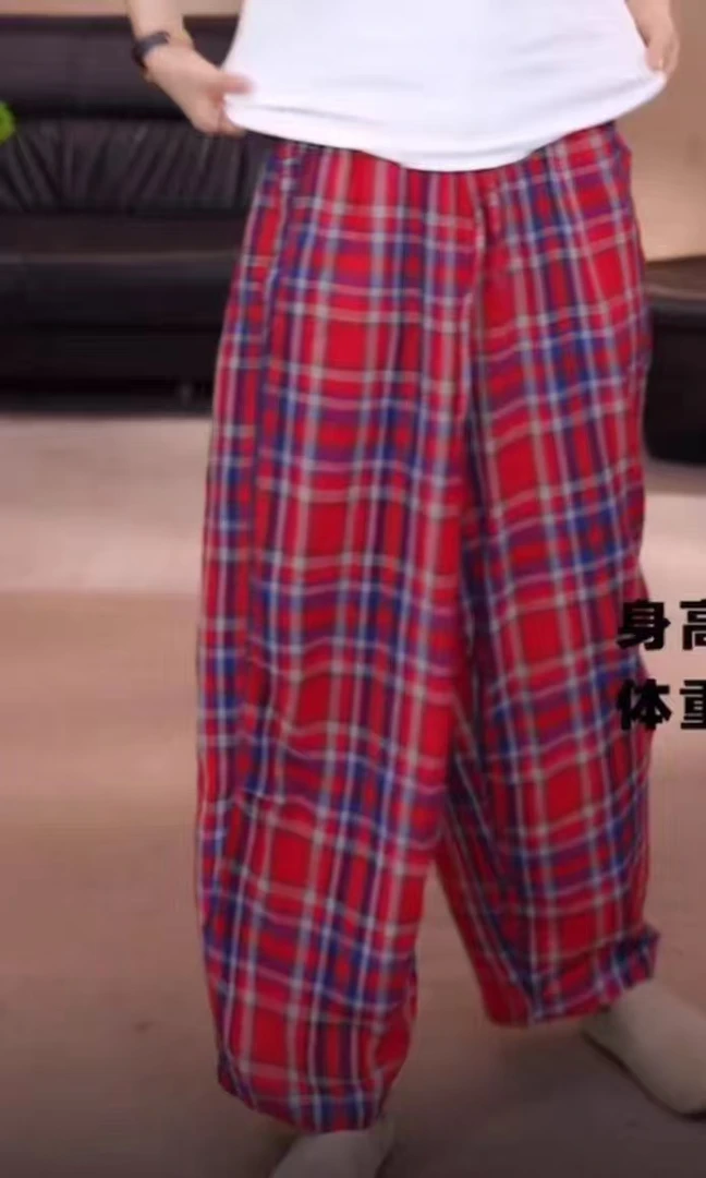 225夏款婴儿棉纱彩格弯刀裤休闲阔腿女士裤