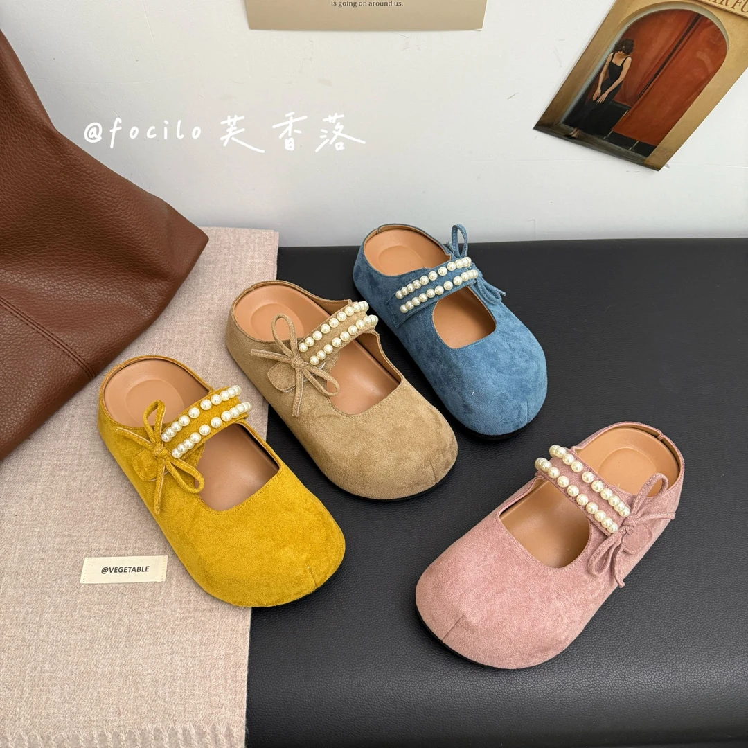 2025夏天休闲风蝴蝶结珍珠百搭日常厚底浅口包头拖复古夏季勃肯鞋