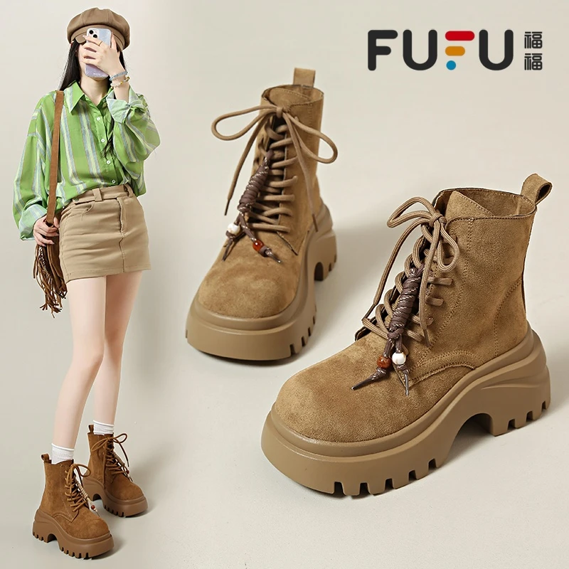 福福小个子增高马丁靴女2025年秋冬新款复古百搭短靴西部牛仔靴女