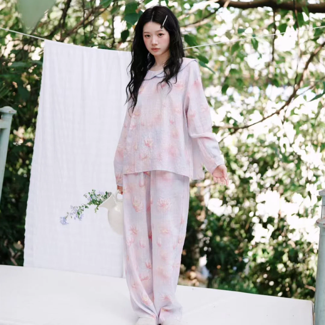 朵朵可可秋冬圆领套头郁金香印花女士睡衣家居服套装