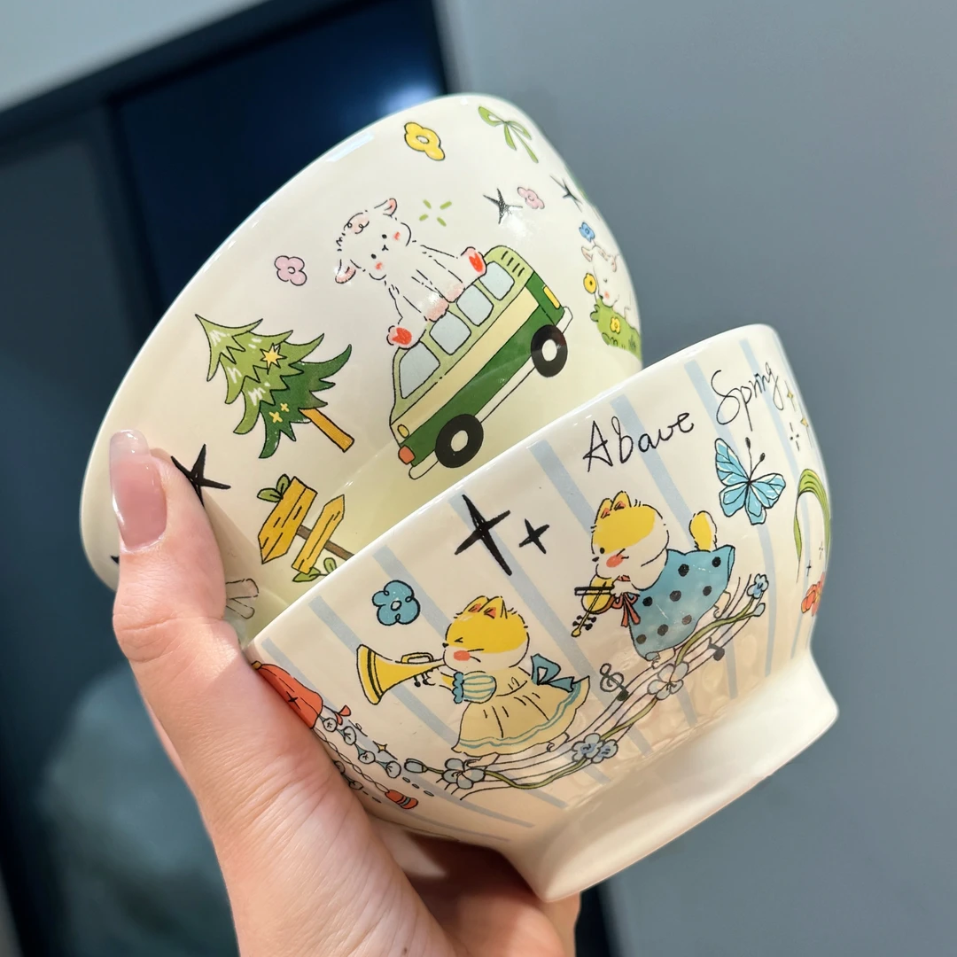 【圆和圈】出口尾单 春日信使系列 小羊小猫陶瓷米饭碗 高脚碗