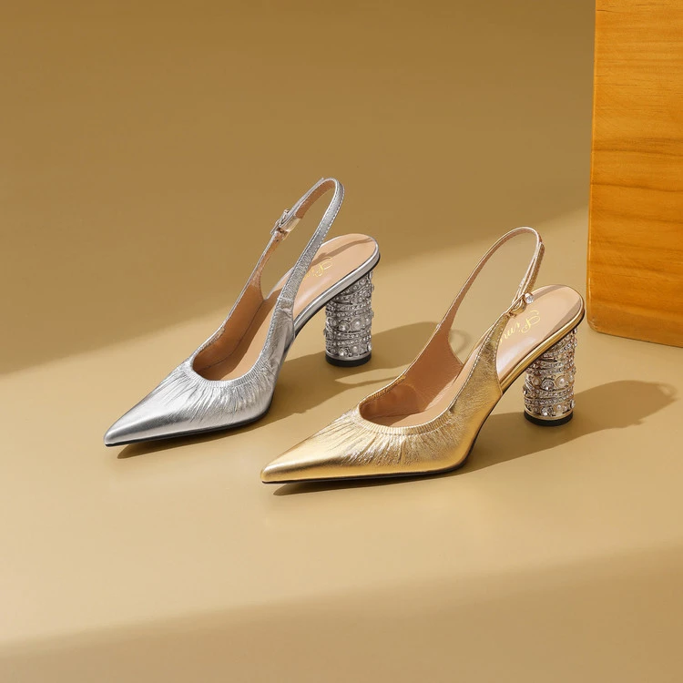 气质包头凉鞋女粗跟高跟鞋真皮尖头时尚百搭夏季不累脚性感外穿