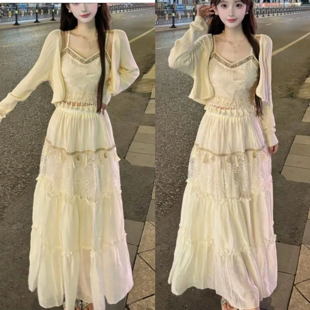 波西米亚民族风复古吊带重工流苏抹胸半裙上衣套装开衫蕾丝半身裙