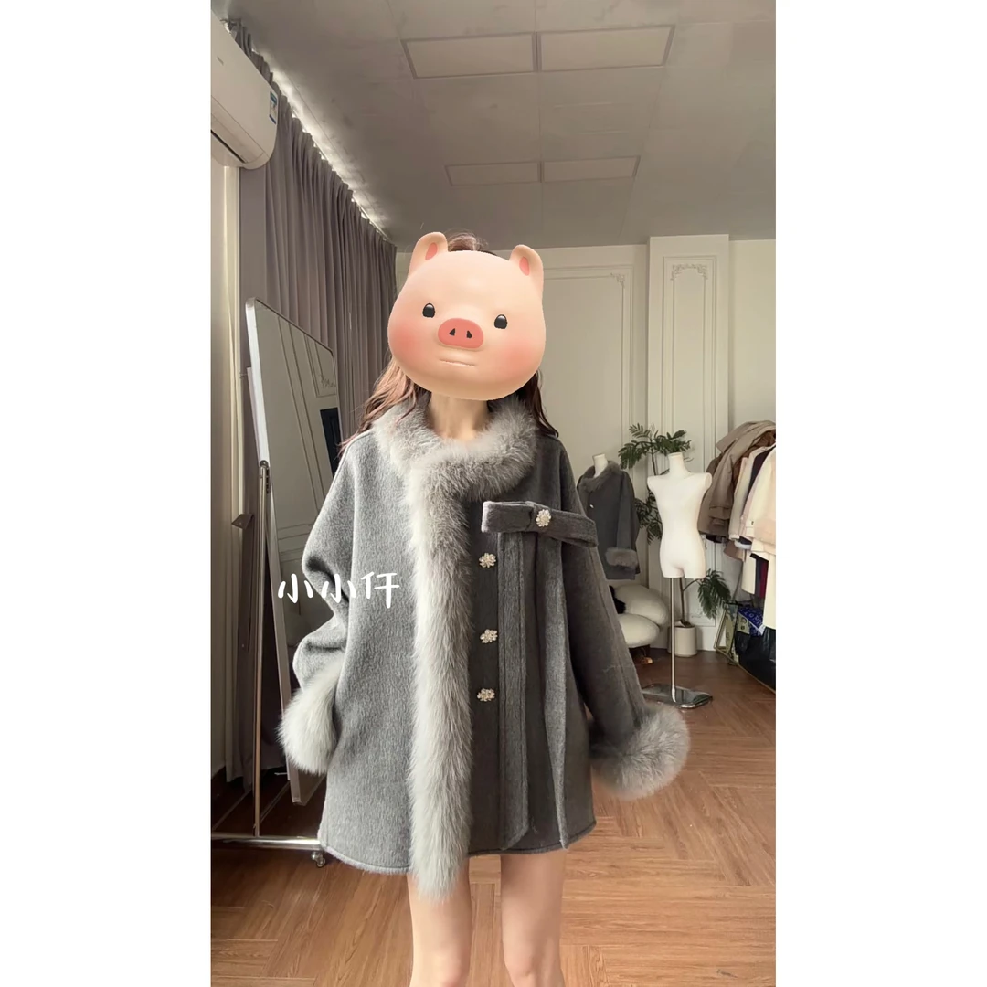 小小仟 雪国千金真狐狸毛羊毛 白色灰色毛呢短款外套