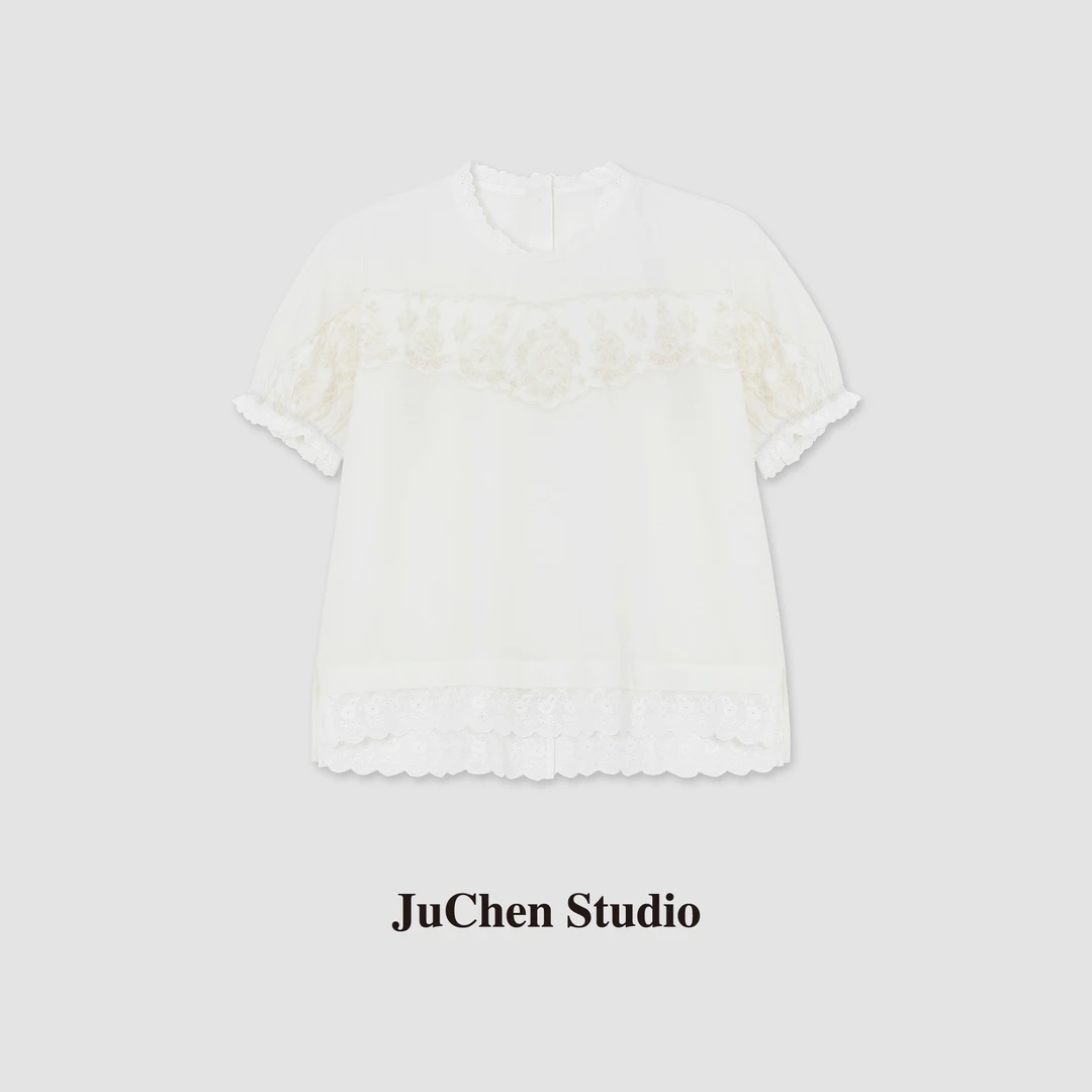 宫廷风蕾丝花边镂空绣花茶愫丝后背纽扣设计衬衫 SS103030-16