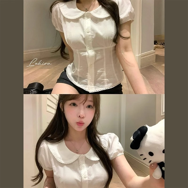 韩系娃娃领短袖衬衫女夏季甜辣妹收腰修身显瘦百搭短款学院风上衣