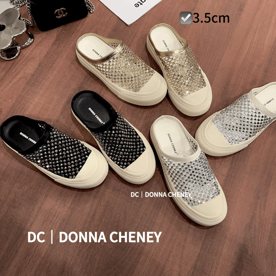 镂空钻面拖鞋2025夏季编织网包头休闲拖鞋女鞋小香风百搭百搭透气