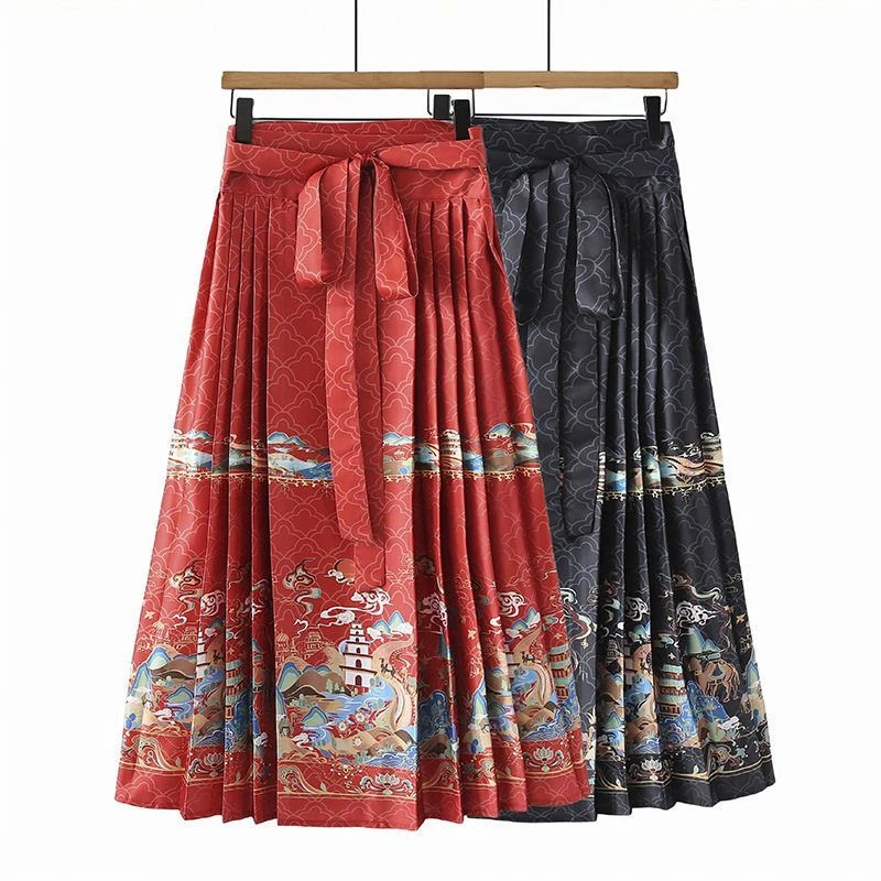 马面裙胖mm夏季大码女装高腰裙子汉服印花中式国风长款百褶半身裙