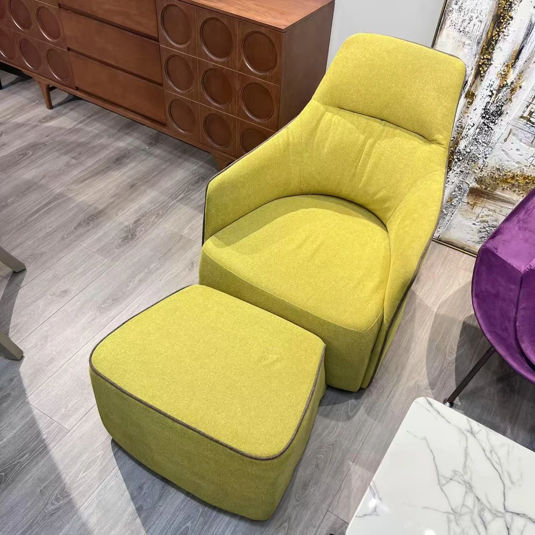 现代轻奢棉麻休闲椅带脚踏单人位