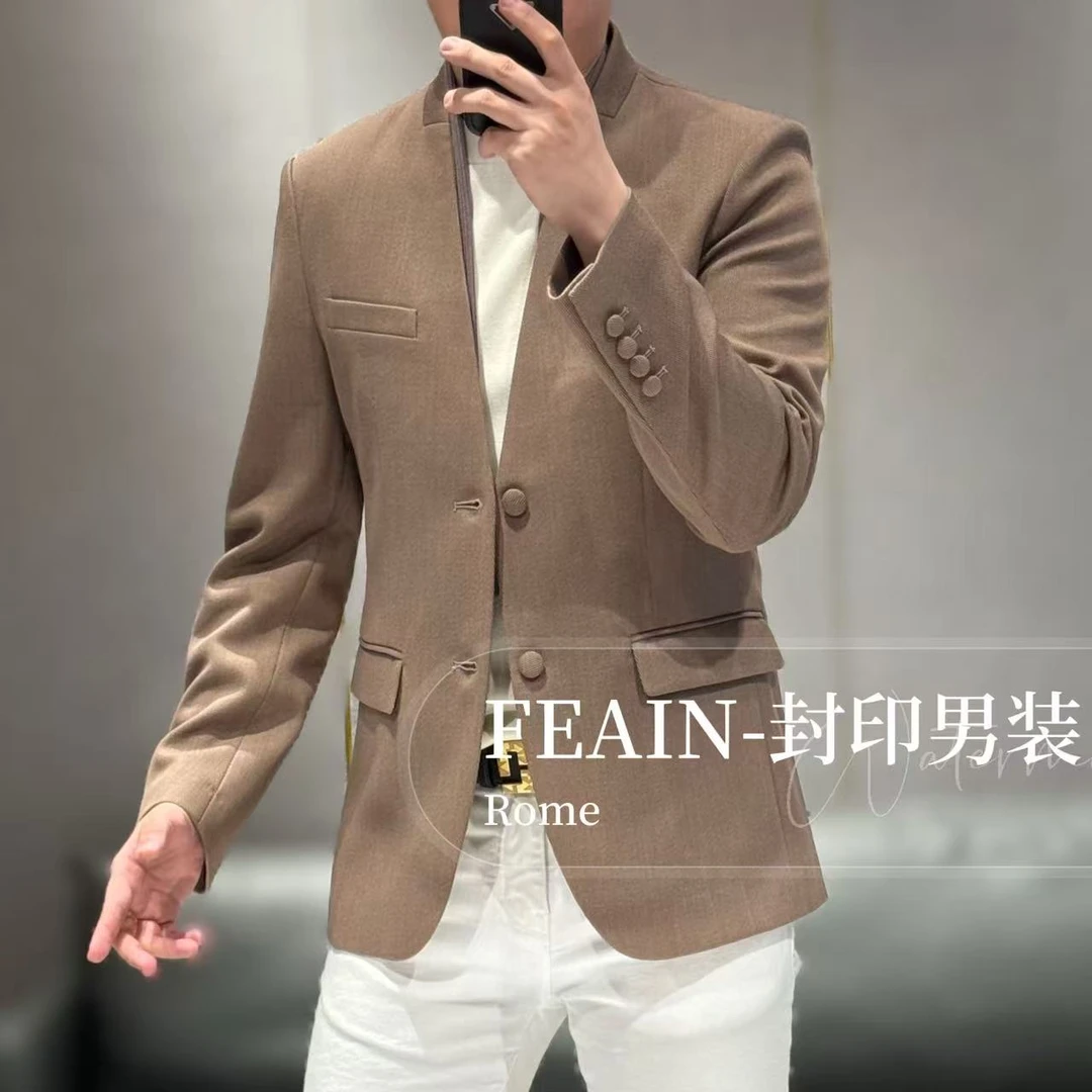 【英皇古琦】高端澳洲美利奴羊毛无领设计可拆卸围巾西装5967