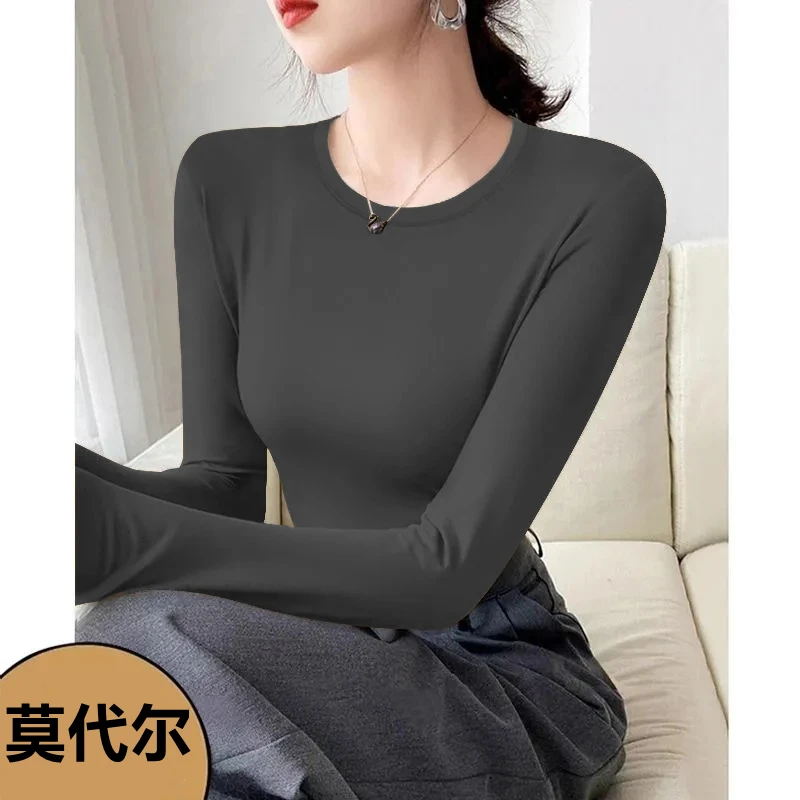 2025秋季新款莫代尔打底衫女百搭显瘦薄款面膜T圆领秋衣长袖t恤