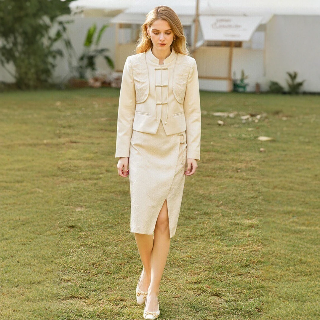 专柜同款【芭】新中式流苏扣假两件外套+国风花纹半身裙套装 1TZ010