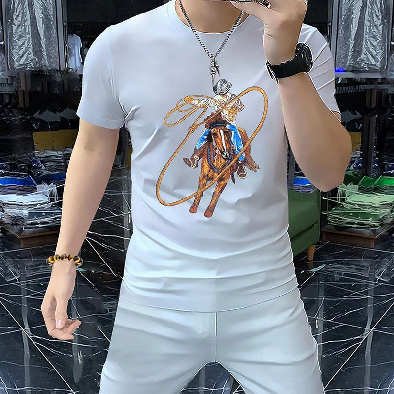 哈逊梅奈夏季高端轻奢欧货男士时尚T恤丝光棉印花骑士圆领短袖潮