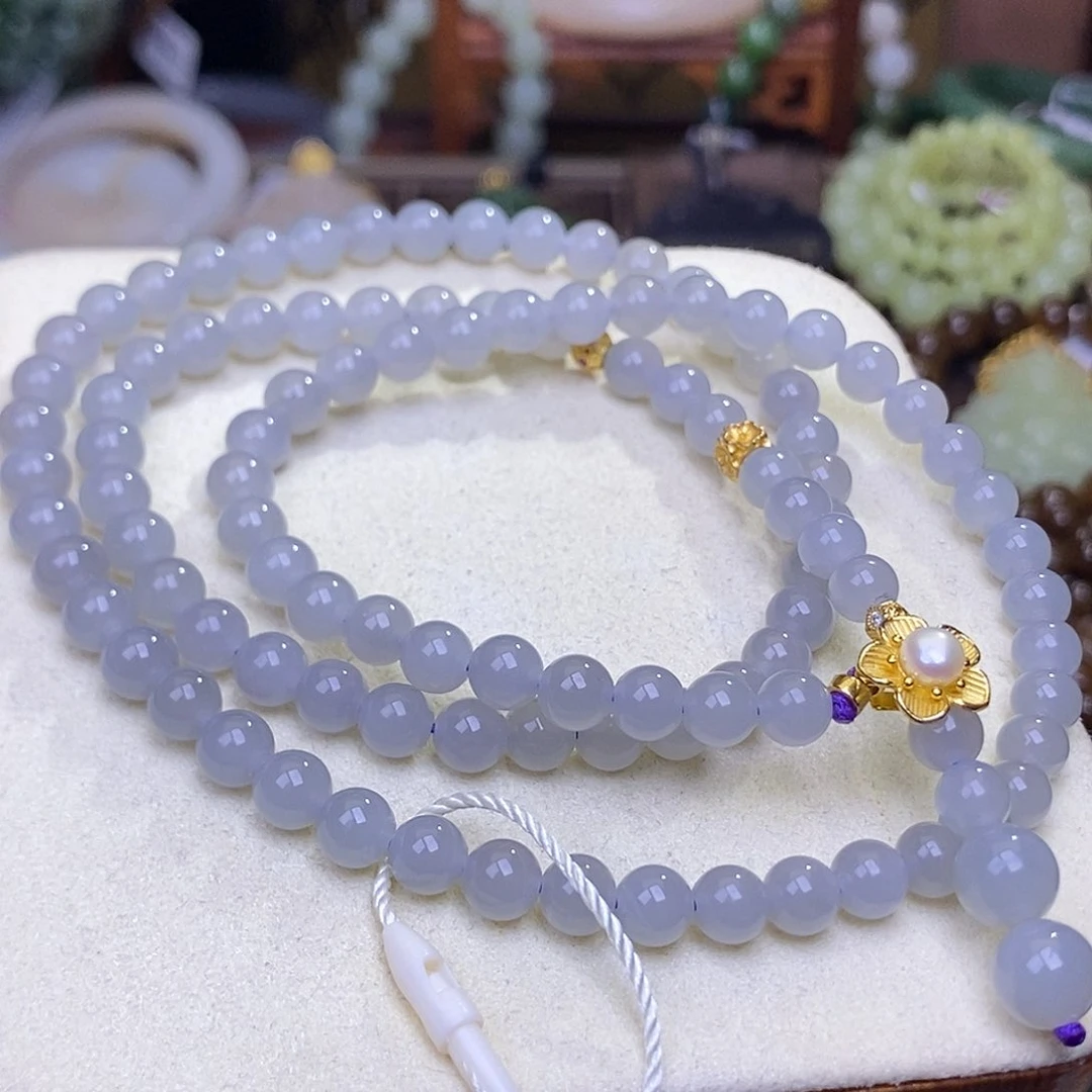 和田玉手镯未镶嵌冰烟紫毛衣链6mm福利孤品