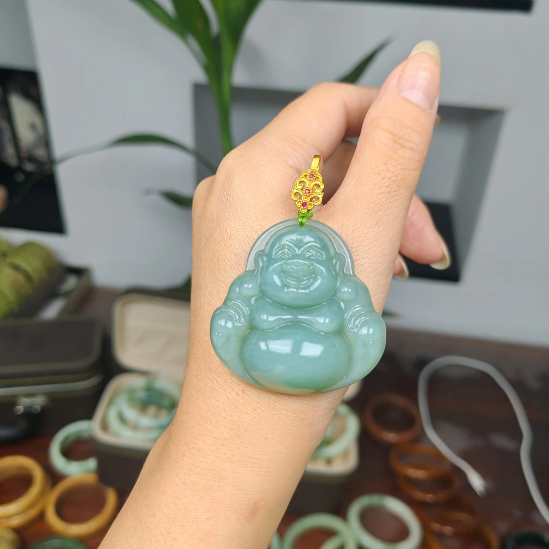 45-50尺寸 岫玉上品精美花玉蓝水佛公（万能扣）