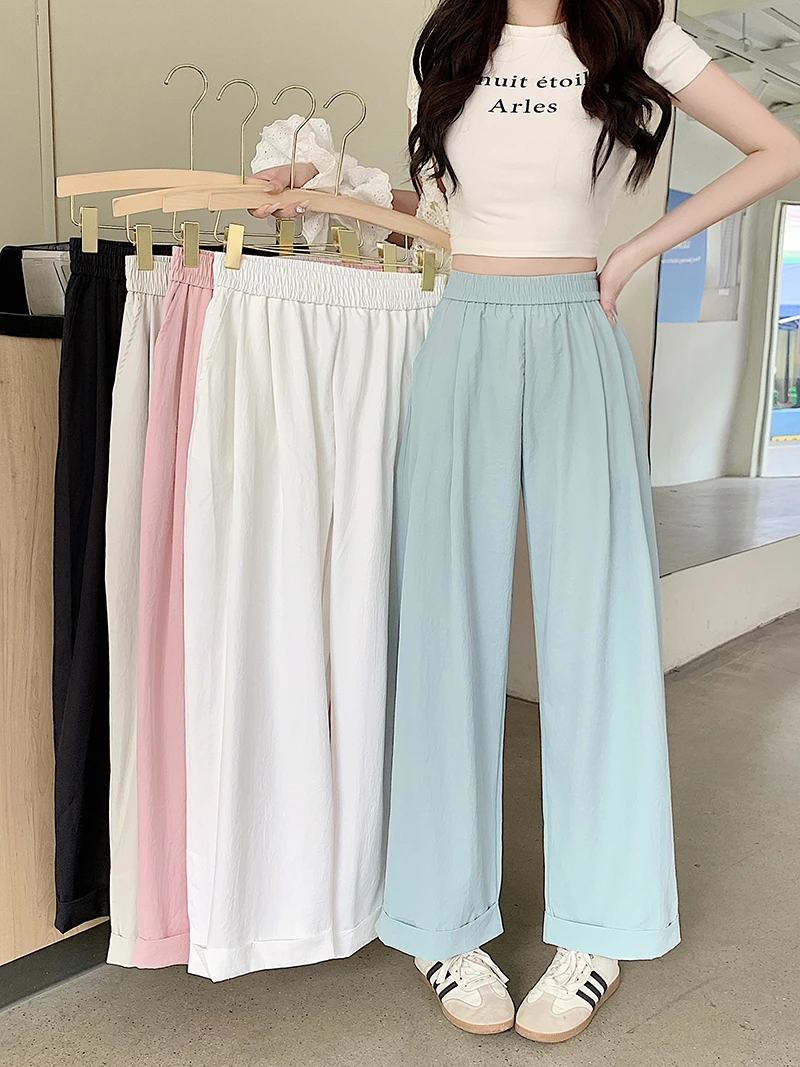 2025夏装新款胖mm大码女时尚松紧腰九分裤高腰遮肉显瘦阔腿裤