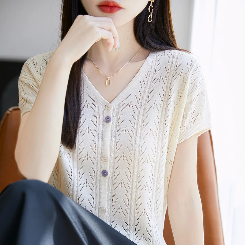 【奥莱撤柜】哥家夏季小香风冰丝针织开衫V领女短袖设计感高端上衣