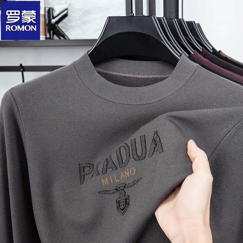 罗蒙新款秋冬男士长袖针织衫时尚休闲印花潮流百搭圆领打底衫毛衣