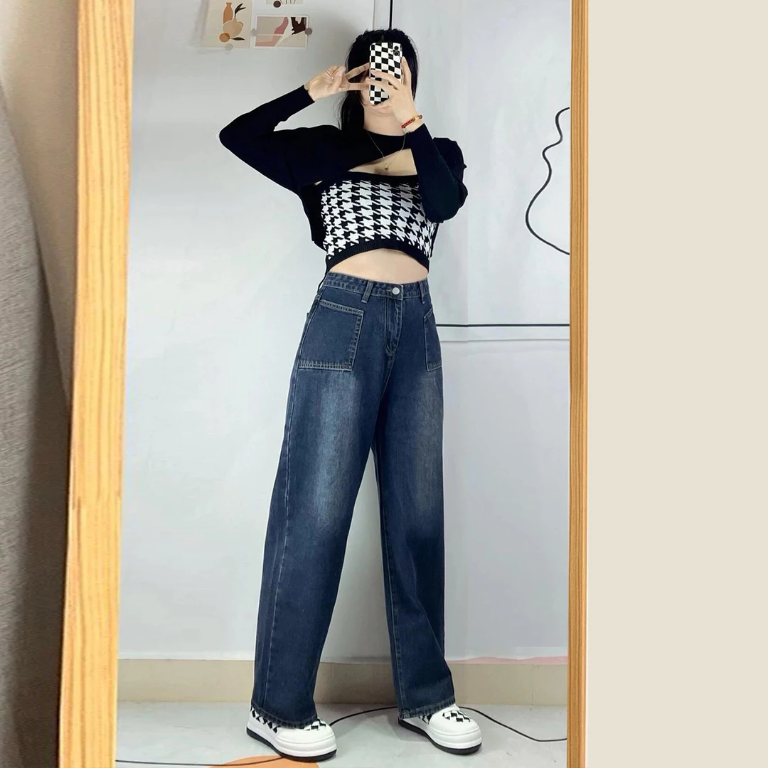 特大码复古蓝高腰显瘦直筒牛仔裤女胖mm秋季遮胯梨型身材阔腿裤子