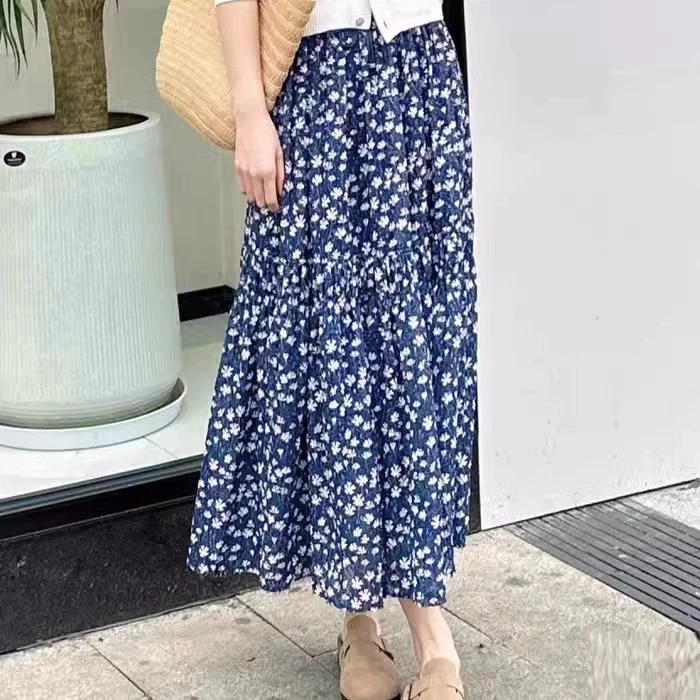 【专柜品质】夏季新款复古松紧腰中长款碎花半身裙女5200408