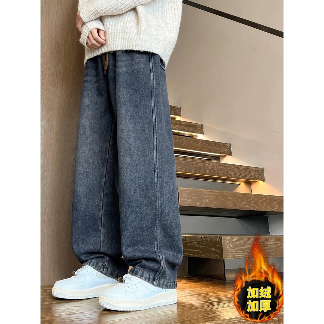 冬季13青少年加绒加厚牛仔裤12-15岁男孩初中学生14大童直筒长裤