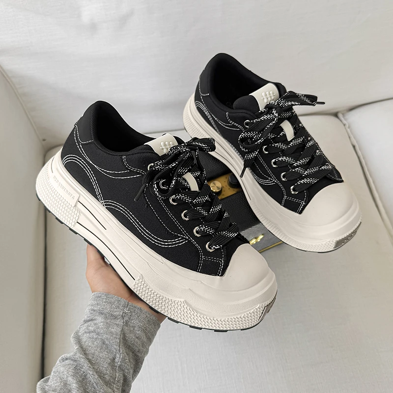 重奏黑色复古板鞋厚底增高6CM情侣款男女鞋2025秋季休闲百搭板鞋