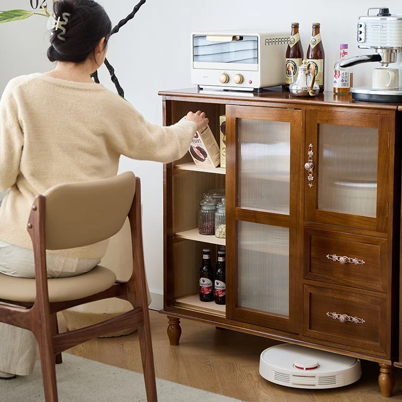 胡桃色推拉门100*35*97cm餐边柜实木现代抽屉式收纳柜置物柜