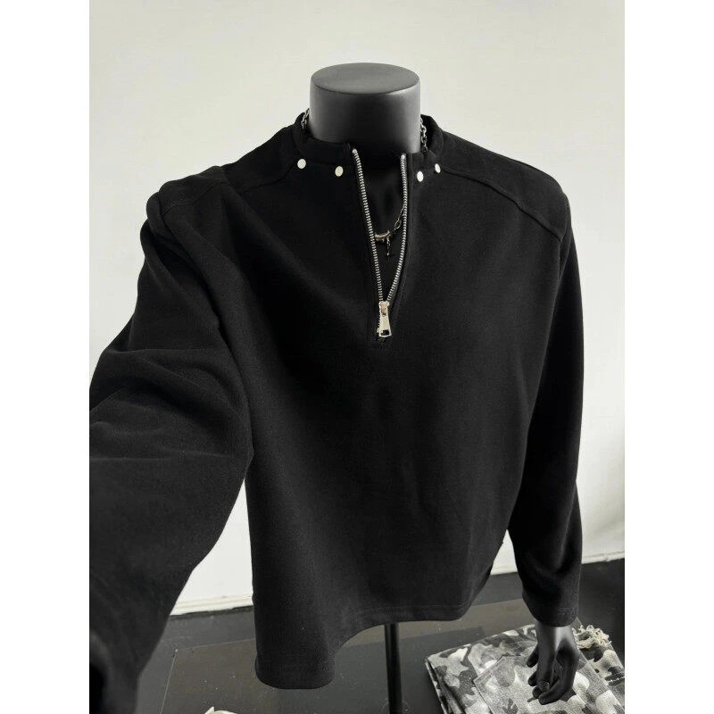 半拉链垫肩卫衣男春秋美式高街设计感高级感内搭宽松铆钉长袖T恤