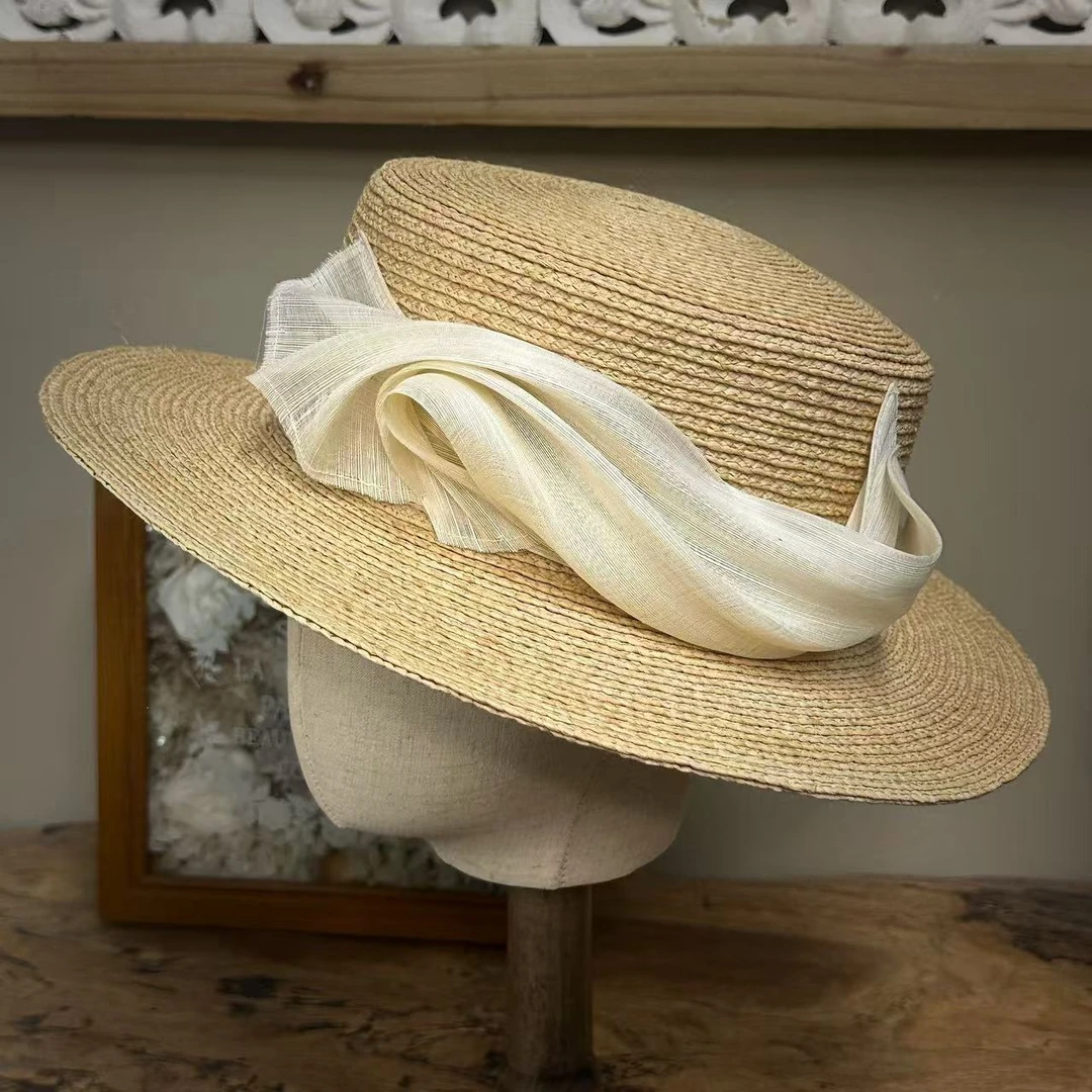 零点兰花宽檐丝麻平顶手工拉菲礼帽优雅个性遮阳防晒编织草帽
