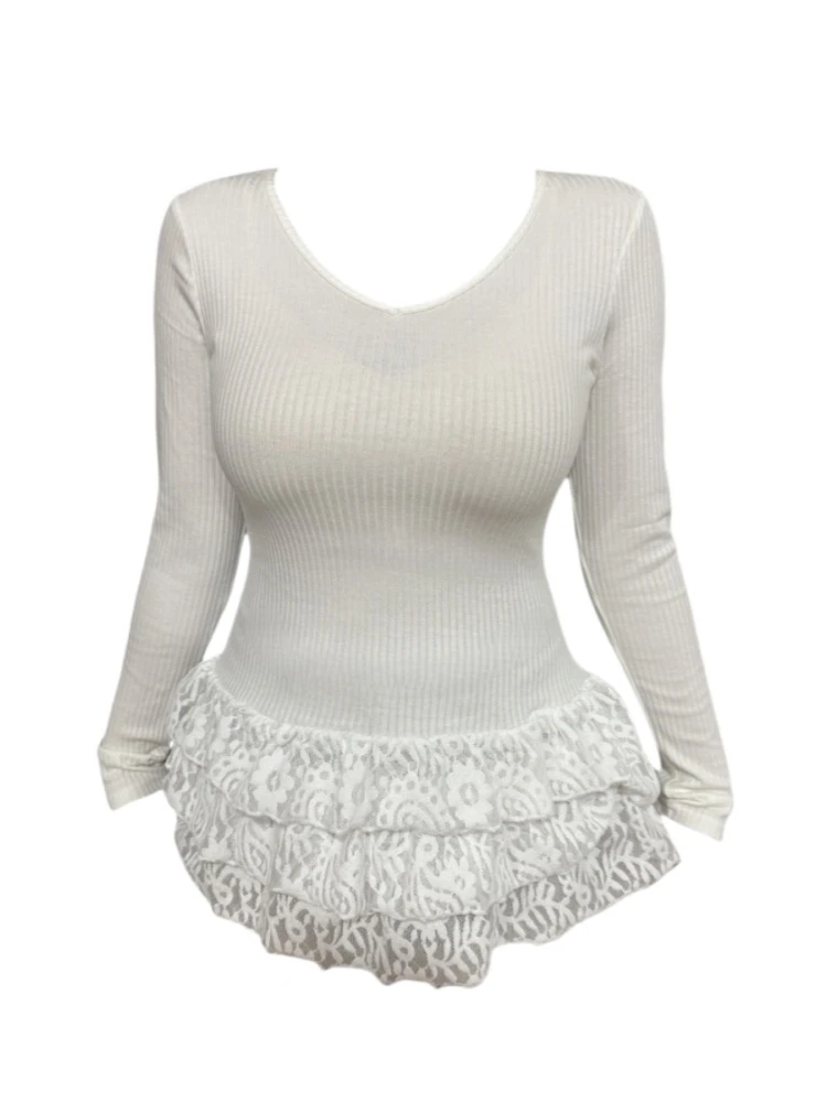 Amy家 微胖mm白色v领蕾丝拼接针织打底衫女秋冬内搭中长款T恤上衣