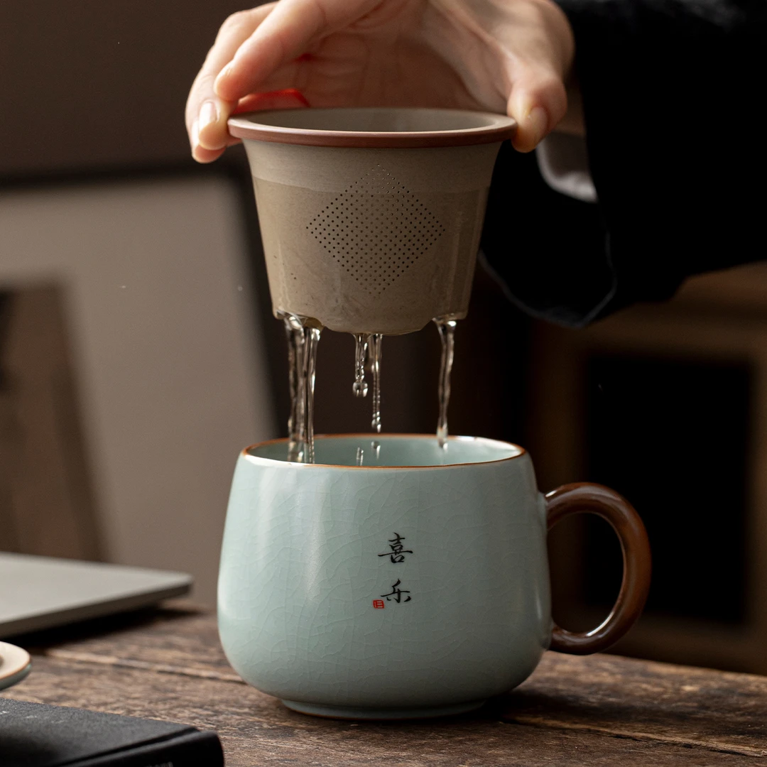 天青汝窑办公杯大容量茶水分离带盖喝泡茶杯陶瓷杯子手写定制茶具