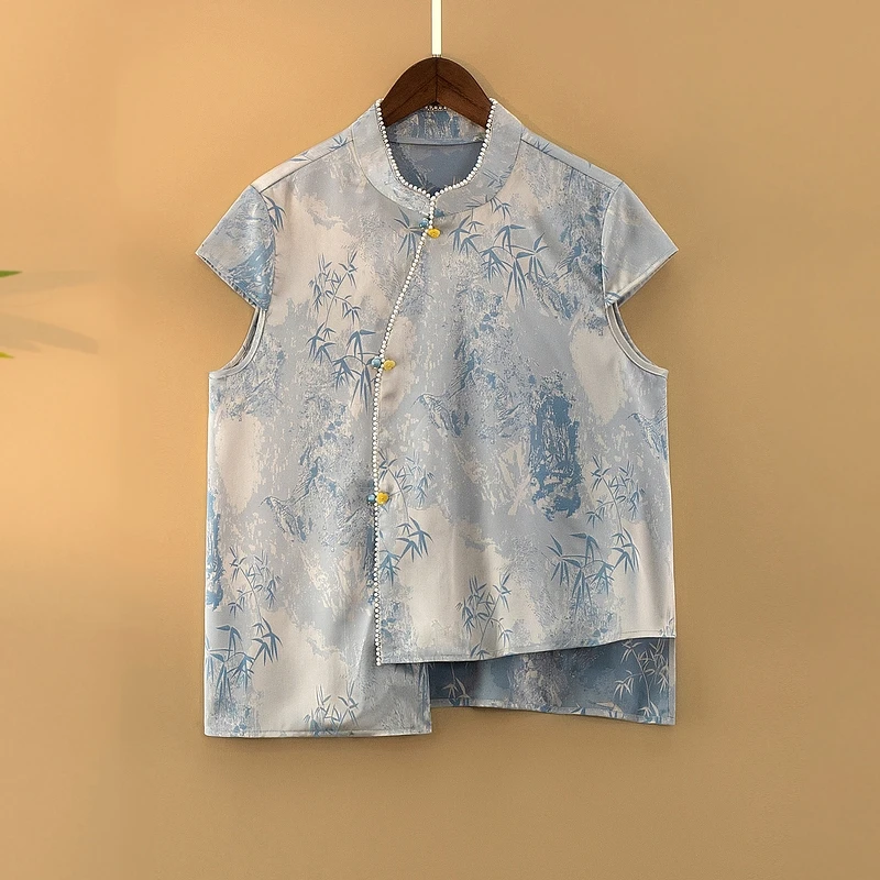 【竹妍】夏季2025新款上衣小衫新中式女装国风立领提花气质飞袖衬衫