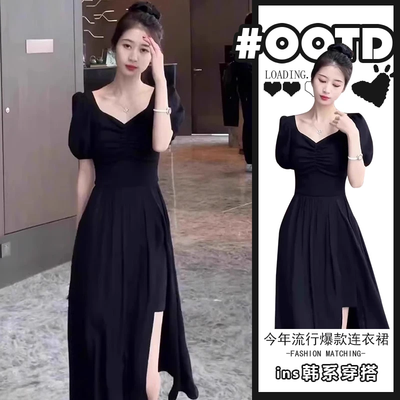 法式赫本风黑色连衣裙女夏季收腰气质独特超好看侧边开叉长裙子潮