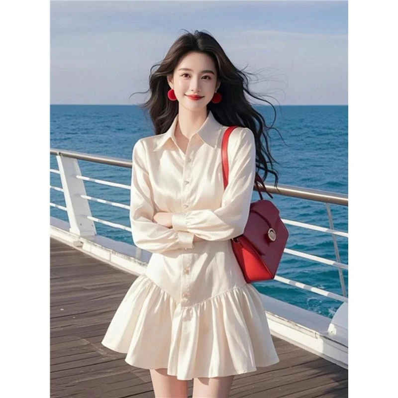 法式千金风高级感翻领衬衫连衣裙女2025春季新款气质收腰显瘦短裙