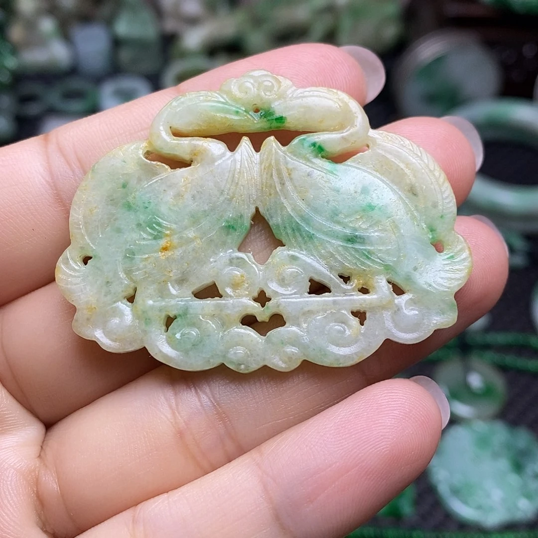 翡翠挂件未镶嵌缅甸天然翡翠比翼同心