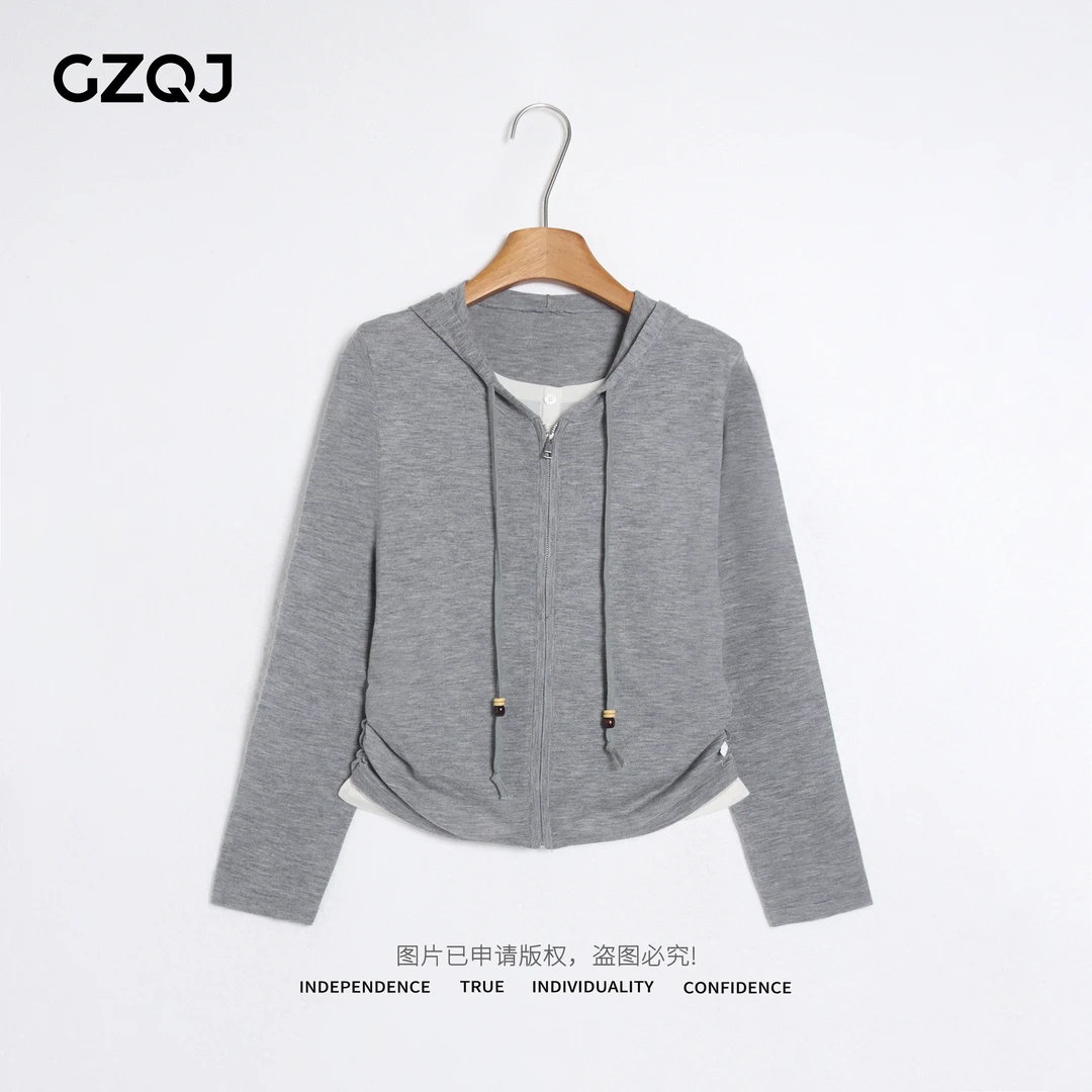 广州琴姐【时光交叠】欧若风设计感拉链假两件连帽针织衫女秋 8525