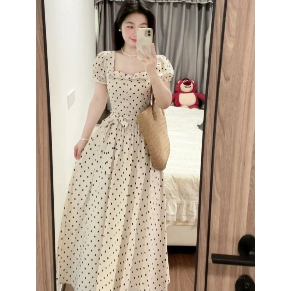 小众女装方领法式连衣裙2025夏季新款高级感收腰显瘦包臀裙长裙子