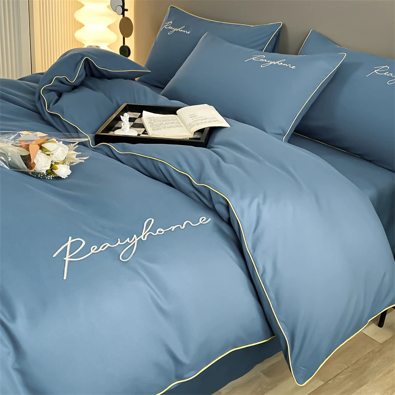 高级感刺绣纯色床上四件套被套学生三件套家用宿舍单人床单被罩4
