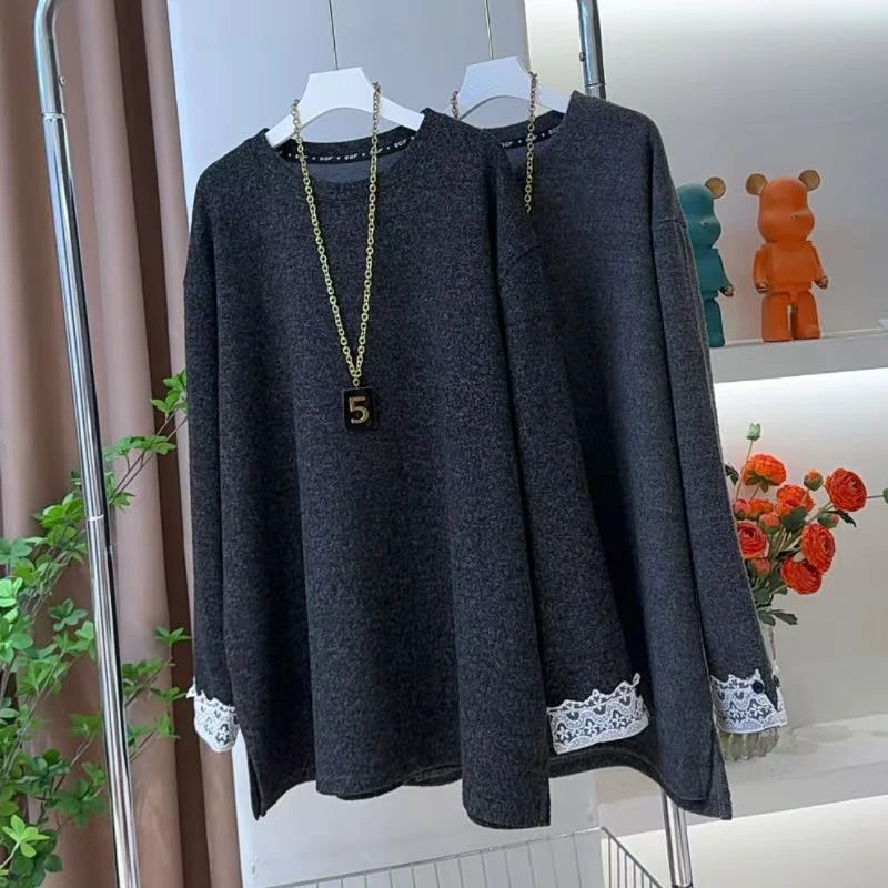 韩系时尚蕾丝花边拼接套头卫衣女秋冬宽松休闲慵懒外穿打底衫上衣
