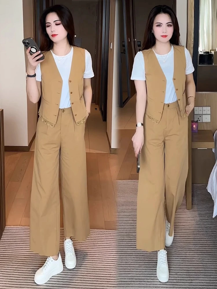 时尚套装女2025夏季新款时髦洋气短袖T恤马甲阔腿裤气质三件套潮