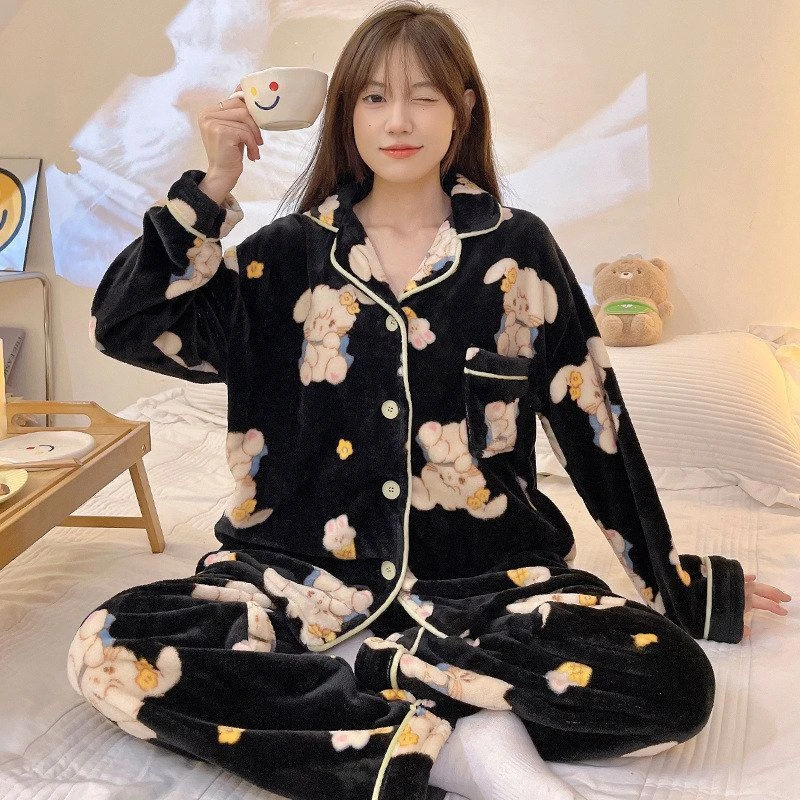 可爱萌兔睡衣女秋冬季加厚加绒网红学生冬天法兰绒家居服套装批