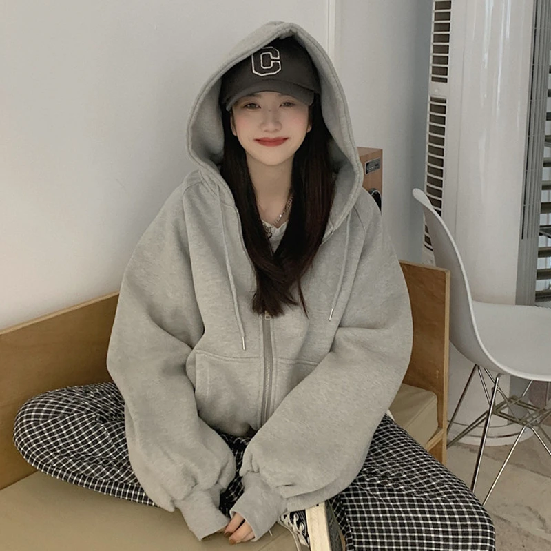 美式复古卫衣女2025秋冬季小个子韩系慵懒风加绒加厚连帽开衫外套