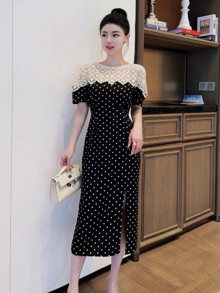 法式复古短袖蕾丝女2025年新款收腰显瘦开叉波点波点连衣裙